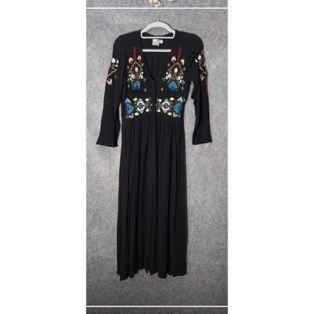 ASOS Dress 0 Black Crepe Embroidered Midi Southwestern Boho Festival Western